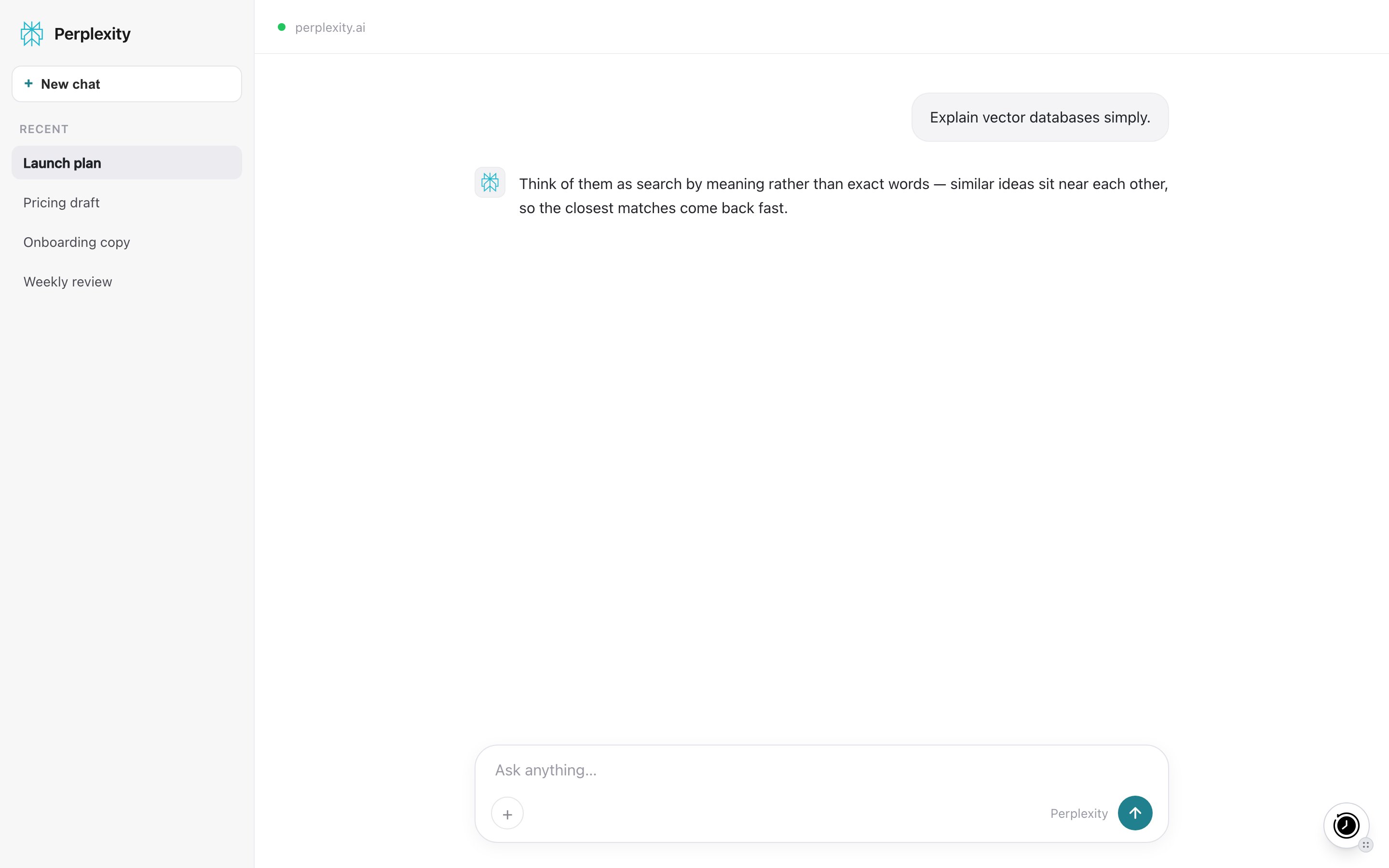 MemoryPlugin floating button on Perplexity (perplexity.ai)