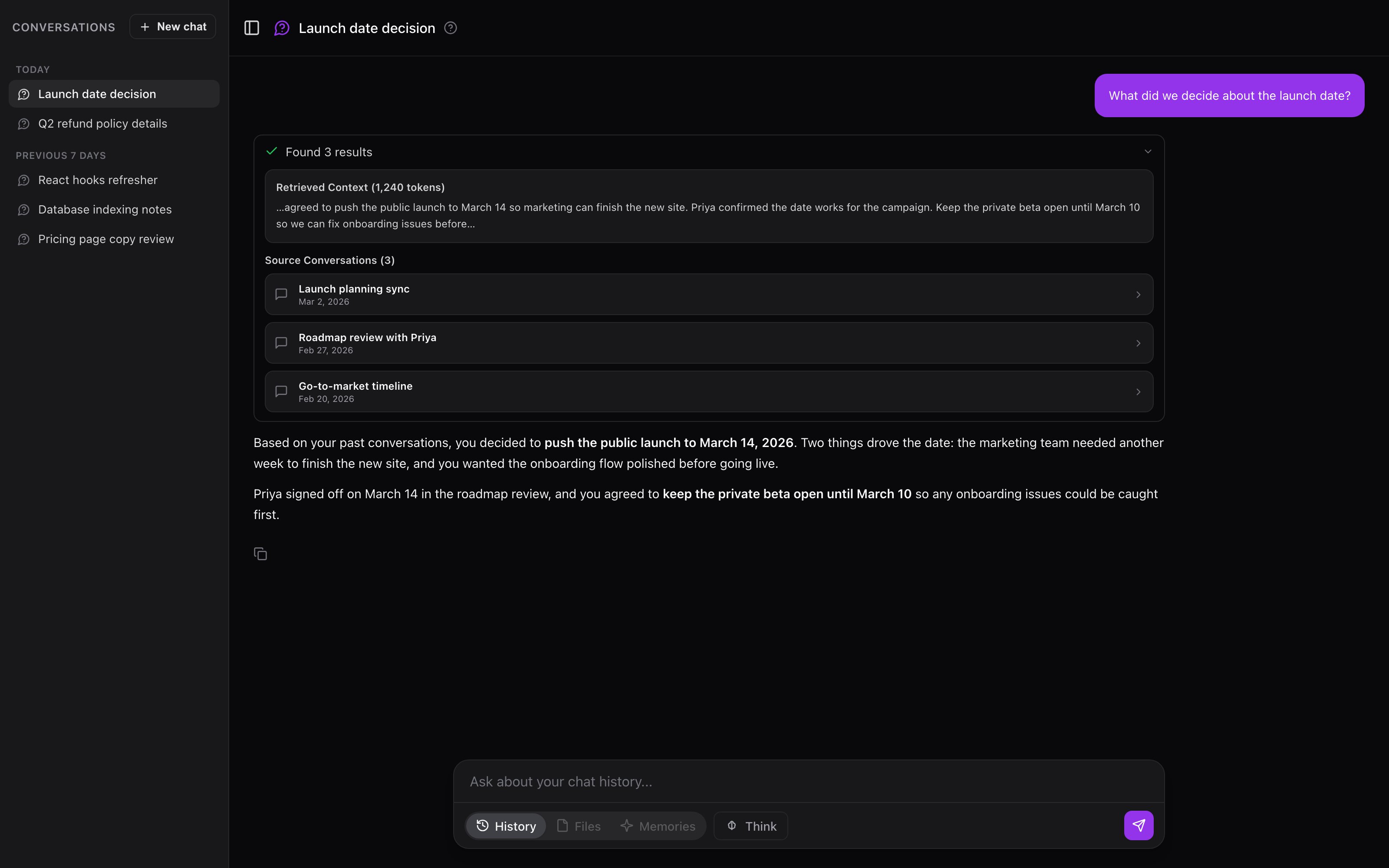 The Ask interface with History, Files, and Memories mode pills, a question about the launch date, and a streamed answer citing three source conversations