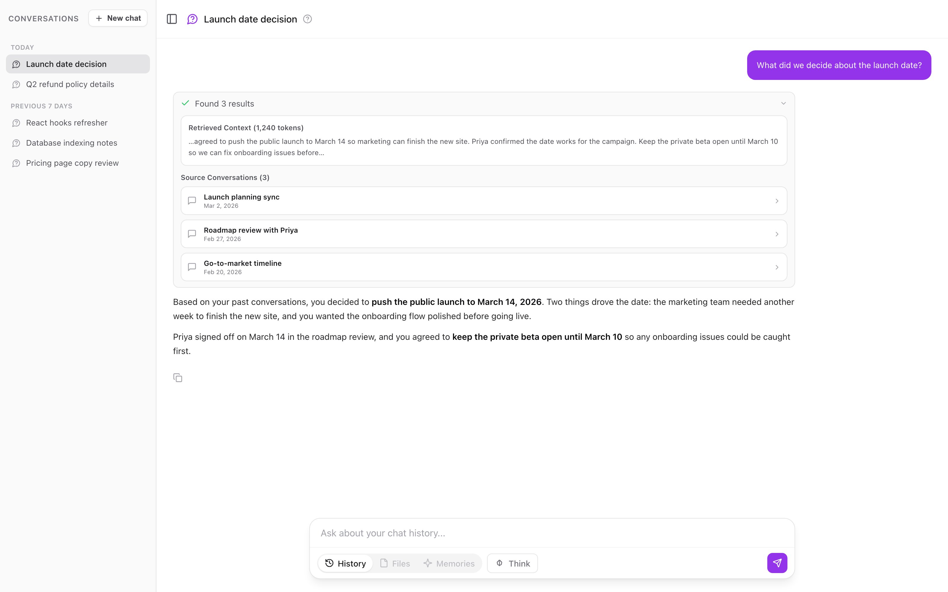 The Ask interface with History, Files, and Memories mode pills, a question about the launch date, and a streamed answer citing three source conversations