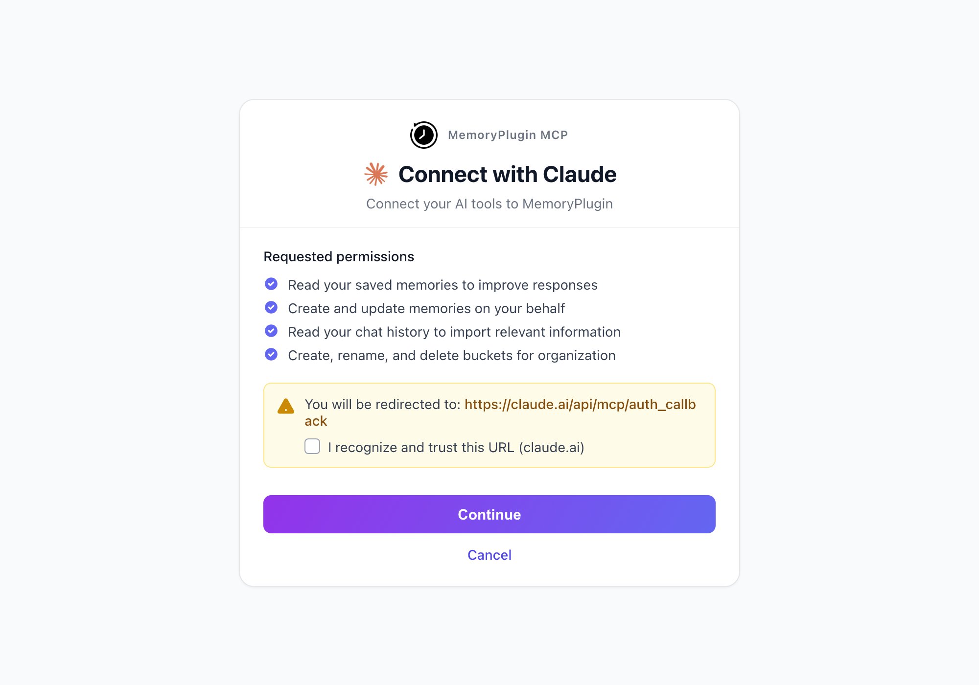 MemoryPlugin OAuth consent screen for connecting with Claude, listing requested permissions with a trust-the-redirect checkbox and a Continue button