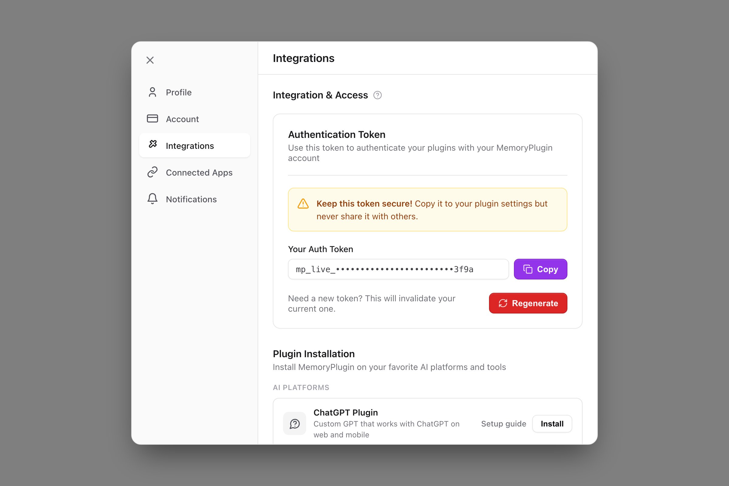 Settings modal with the Integrations tab active, showing the masked Authentication Token field with Copy and Regenerate buttons