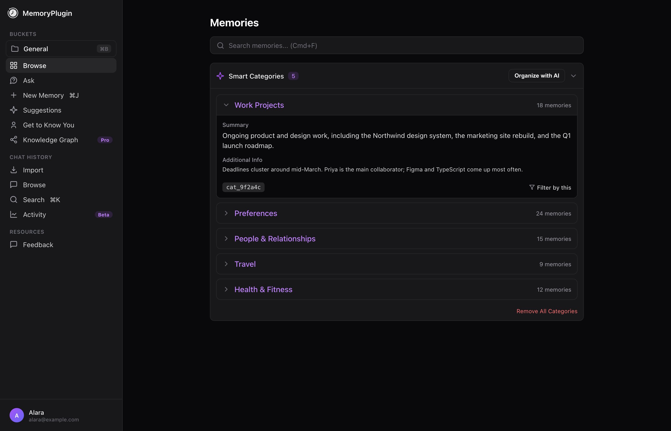 Smart Categories panel showing five built categories with memory counts, one expanded to show its summary, additional info, and a filter action