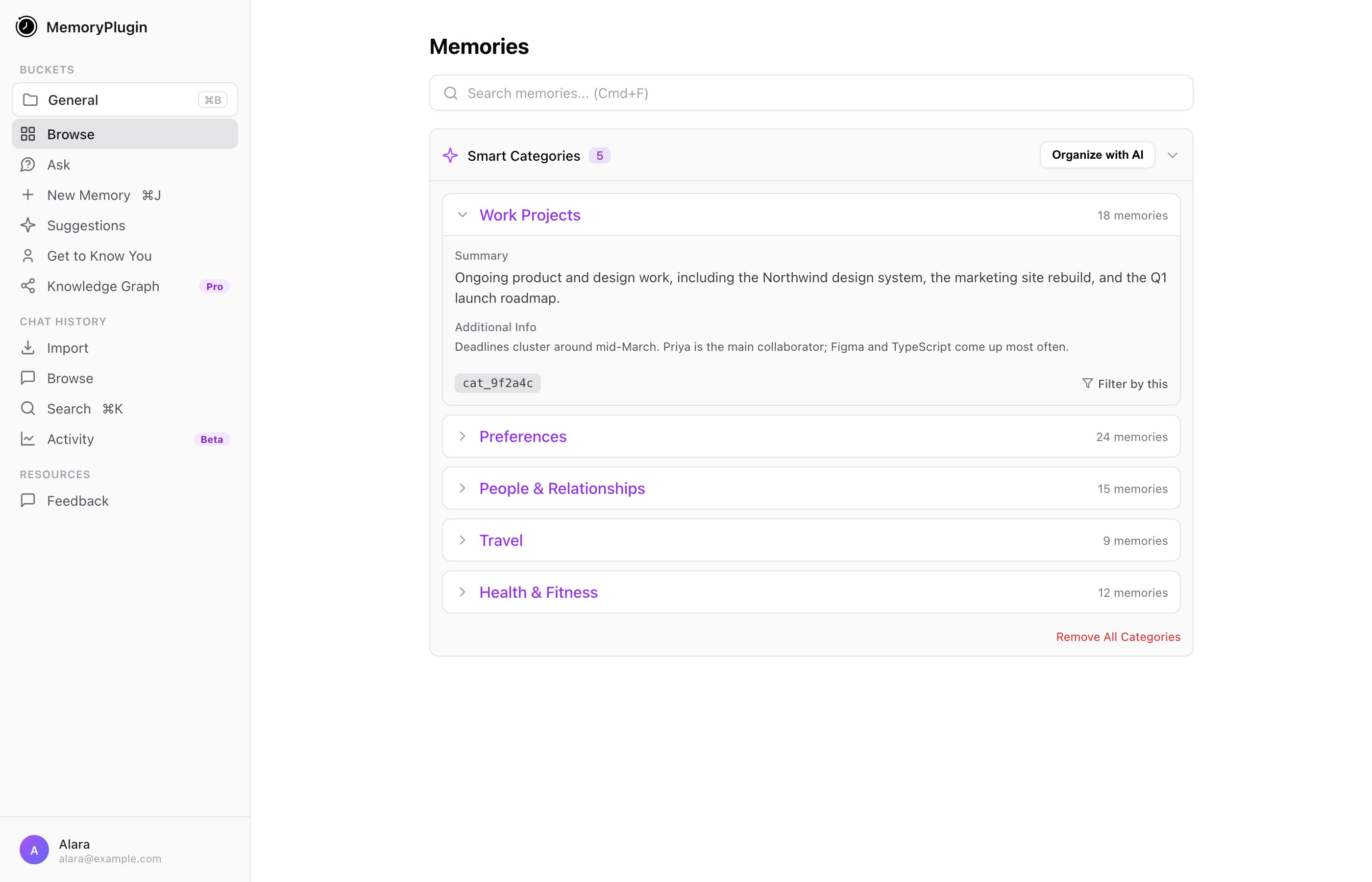 Smart Categories panel showing five built categories with memory counts, one expanded to show its summary, additional info, and a filter action