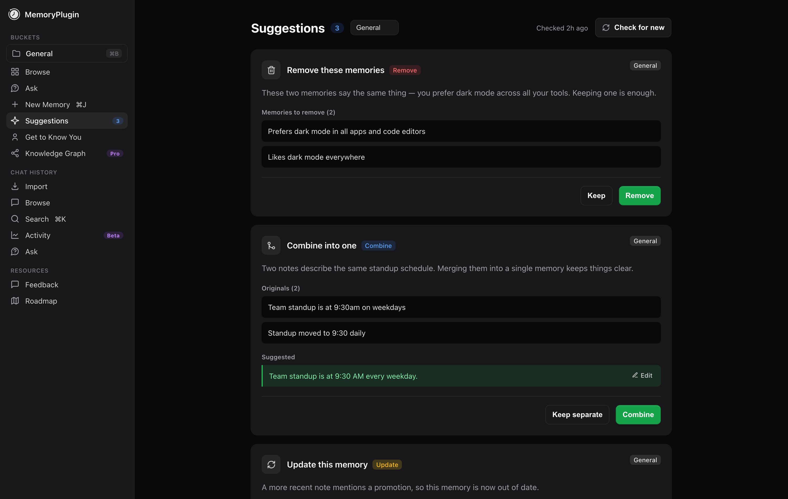Suggestions page showing a Remove card, a Combine card, and an Update card, each with accept and reject actions