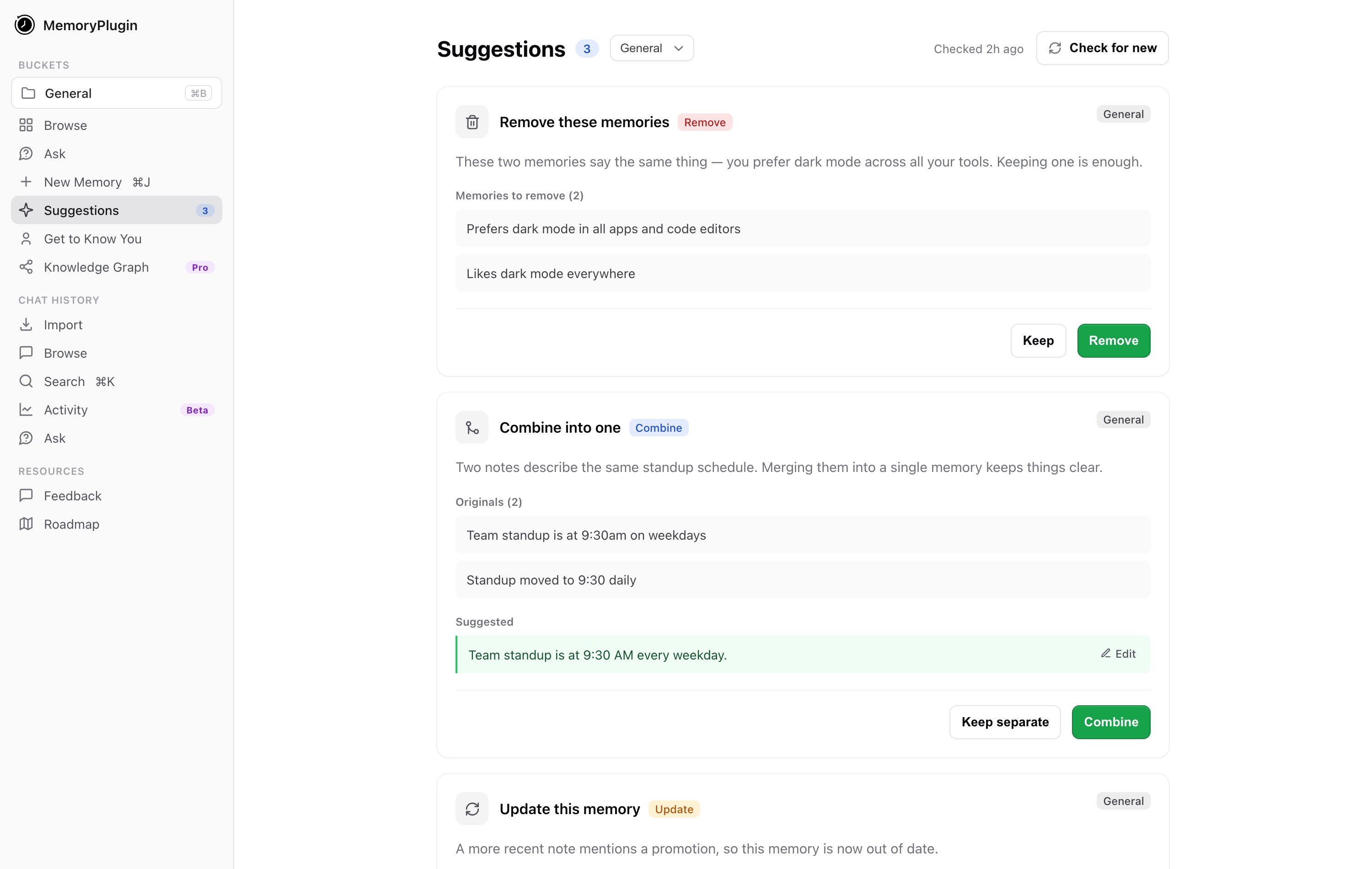 Suggestions page showing a Remove card, a Combine card, and an Update card, each with accept and reject actions