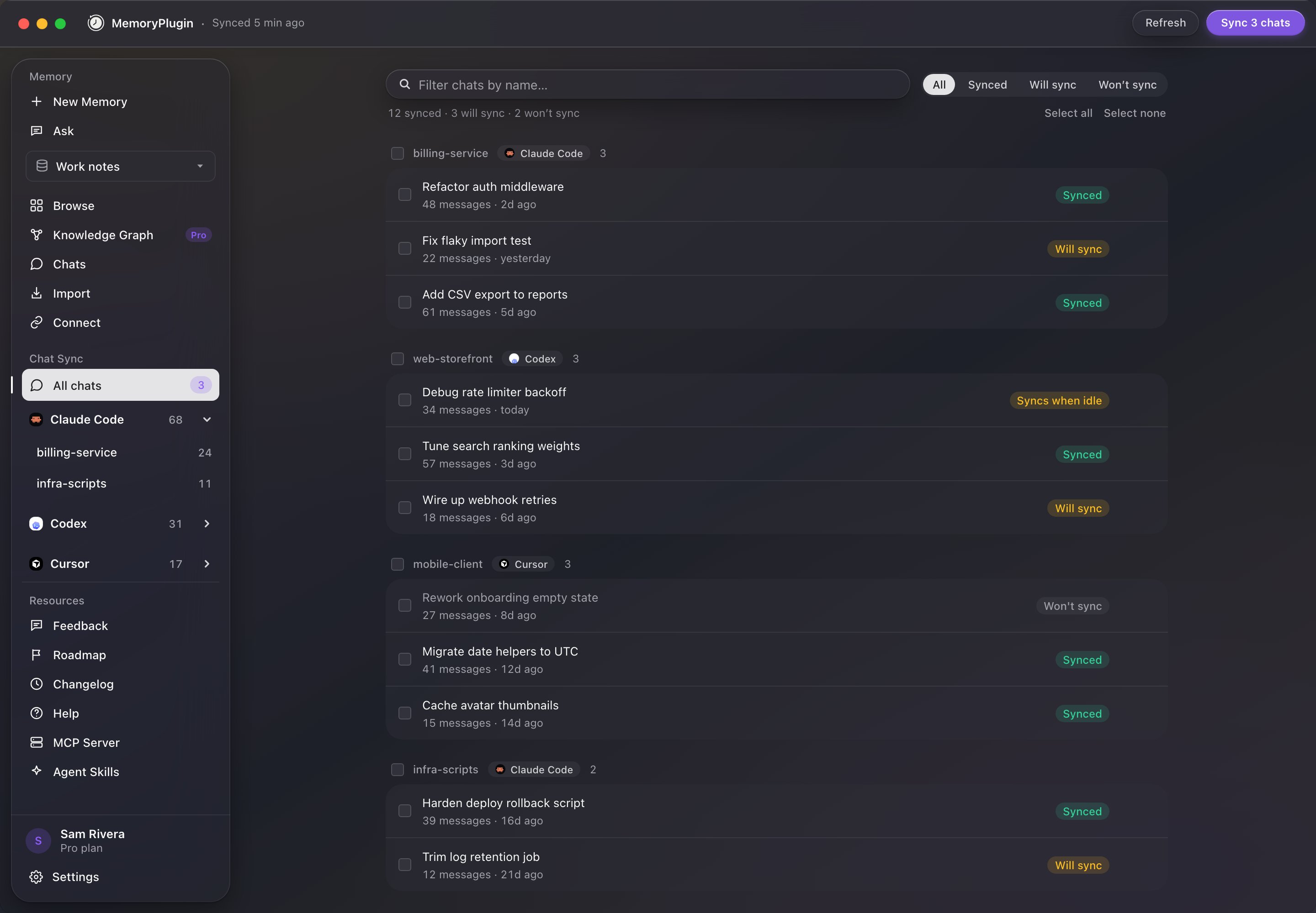 MemoryPlugin desktop app showing Claude Code, Codex, and Cursor projects in the sidebar and a list of conversations with Synced and Will sync badges
