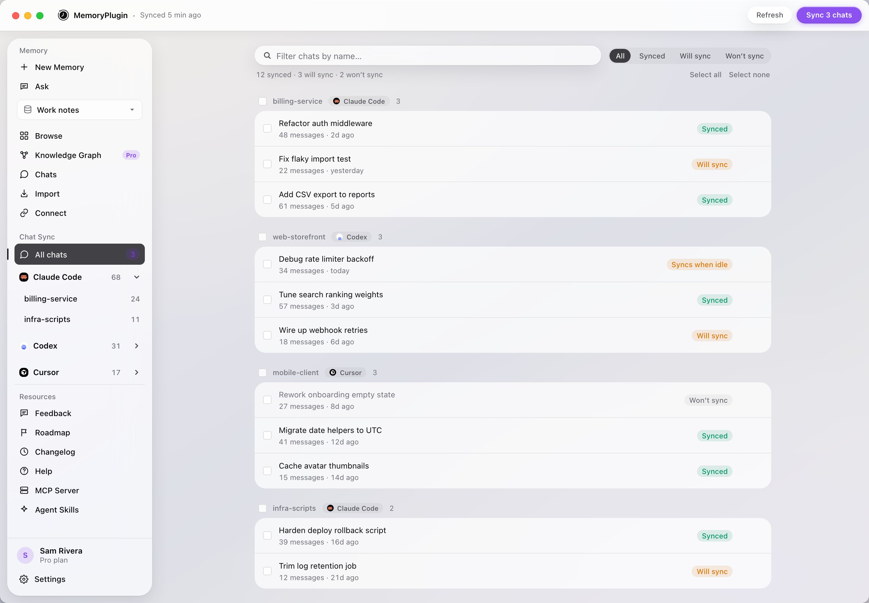 MemoryPlugin desktop app showing Claude Code, Codex, and Cursor projects in the sidebar and a list of conversations with Synced and Will sync badges