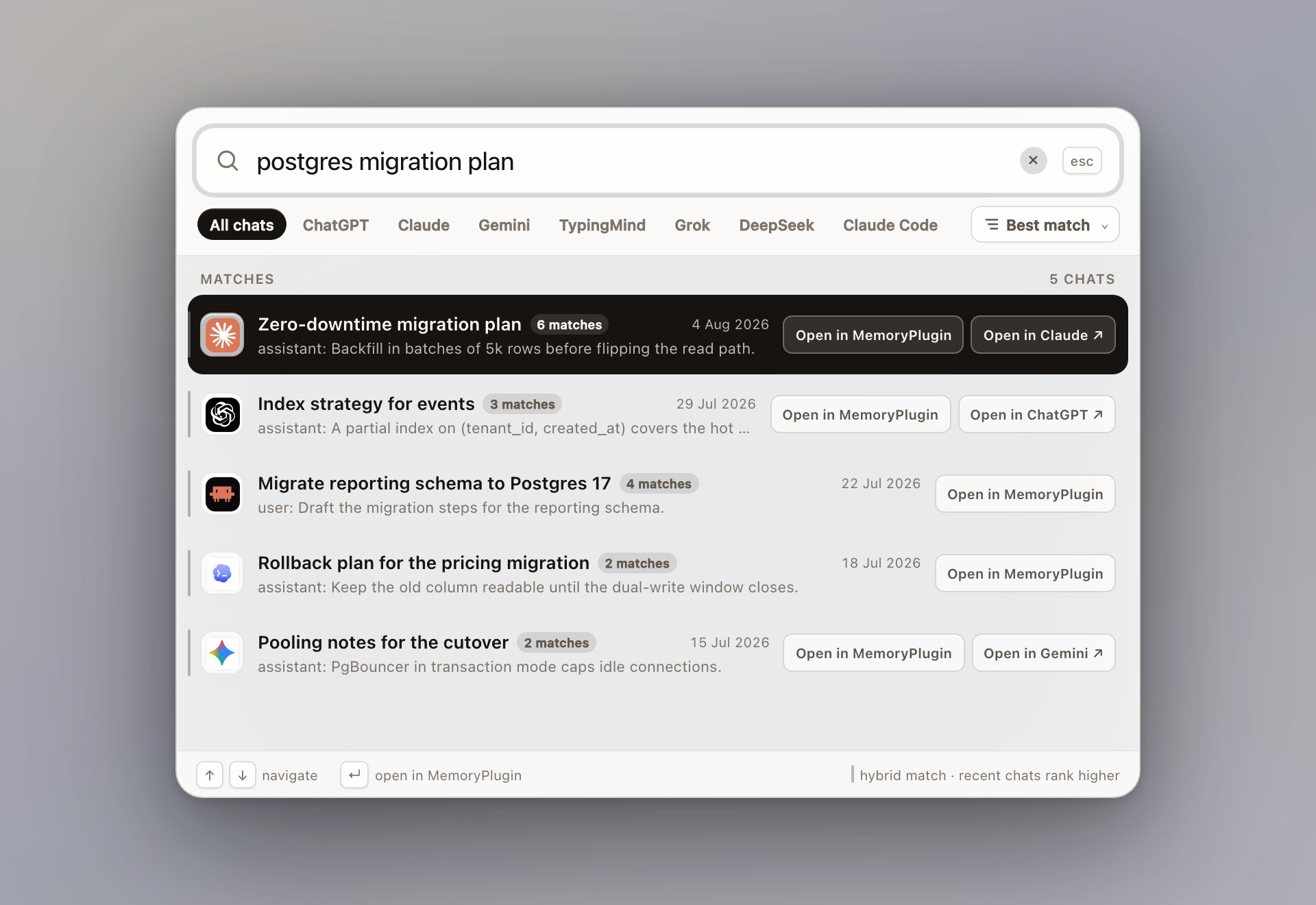 MemoryPlugin quick search window showing results across Claude Code, ChatGPT, and Cursor with provider filters and sort options
