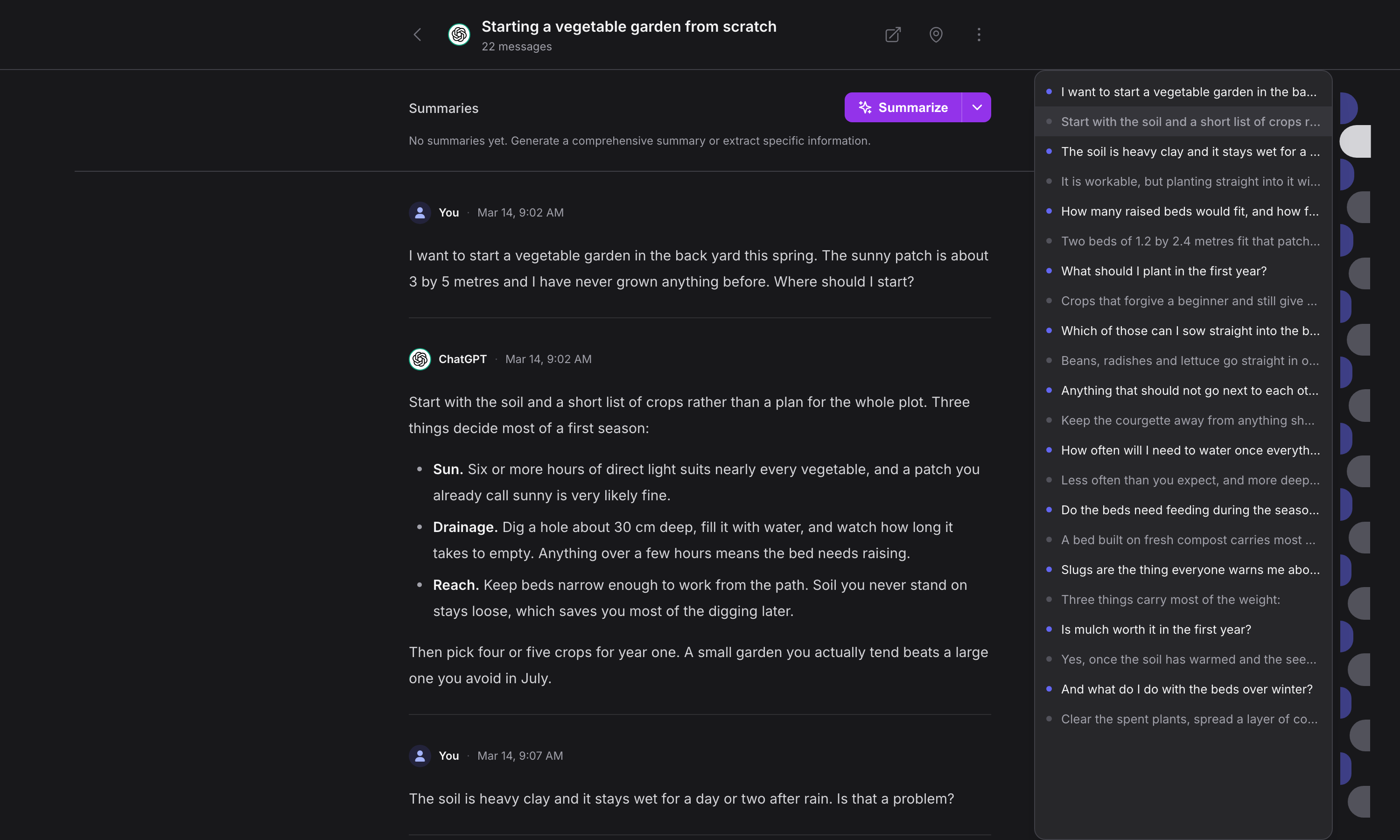 Full-page conversation reader showing a transcript with speaker lines and the conversation map rail expanded into a list of turns on the right