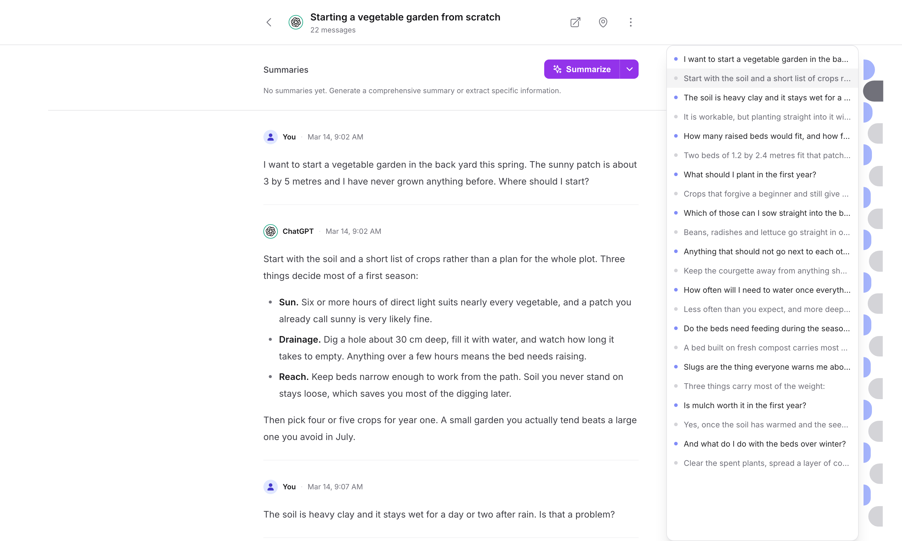 Full-page conversation reader showing a transcript with speaker lines and the conversation map rail expanded into a list of turns on the right