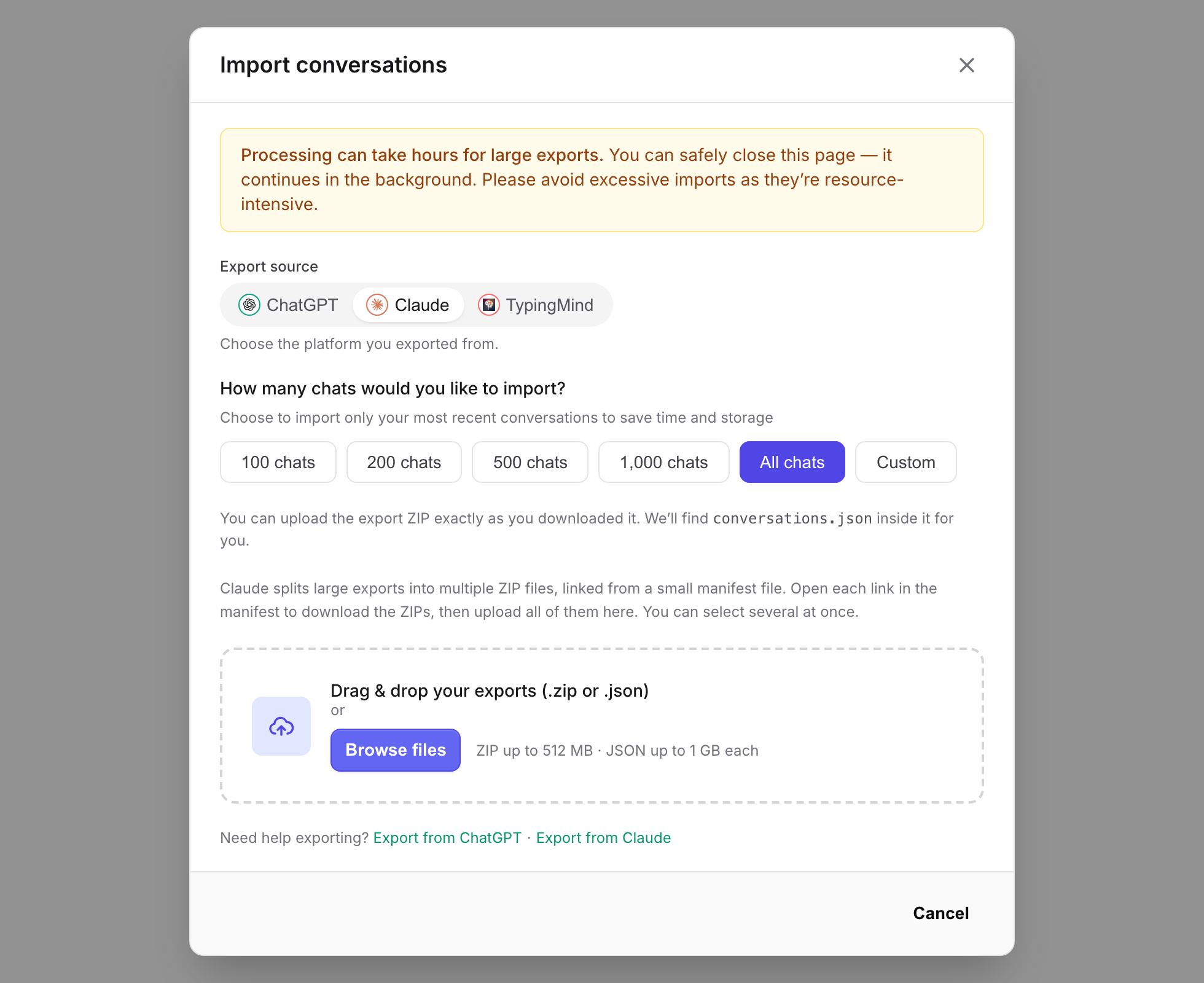 New Import modal with an Export source selector (ChatGPT, Claude, TypingMind), chat-count presets, and a drag-and-drop zone accepting ZIP and JSON exports