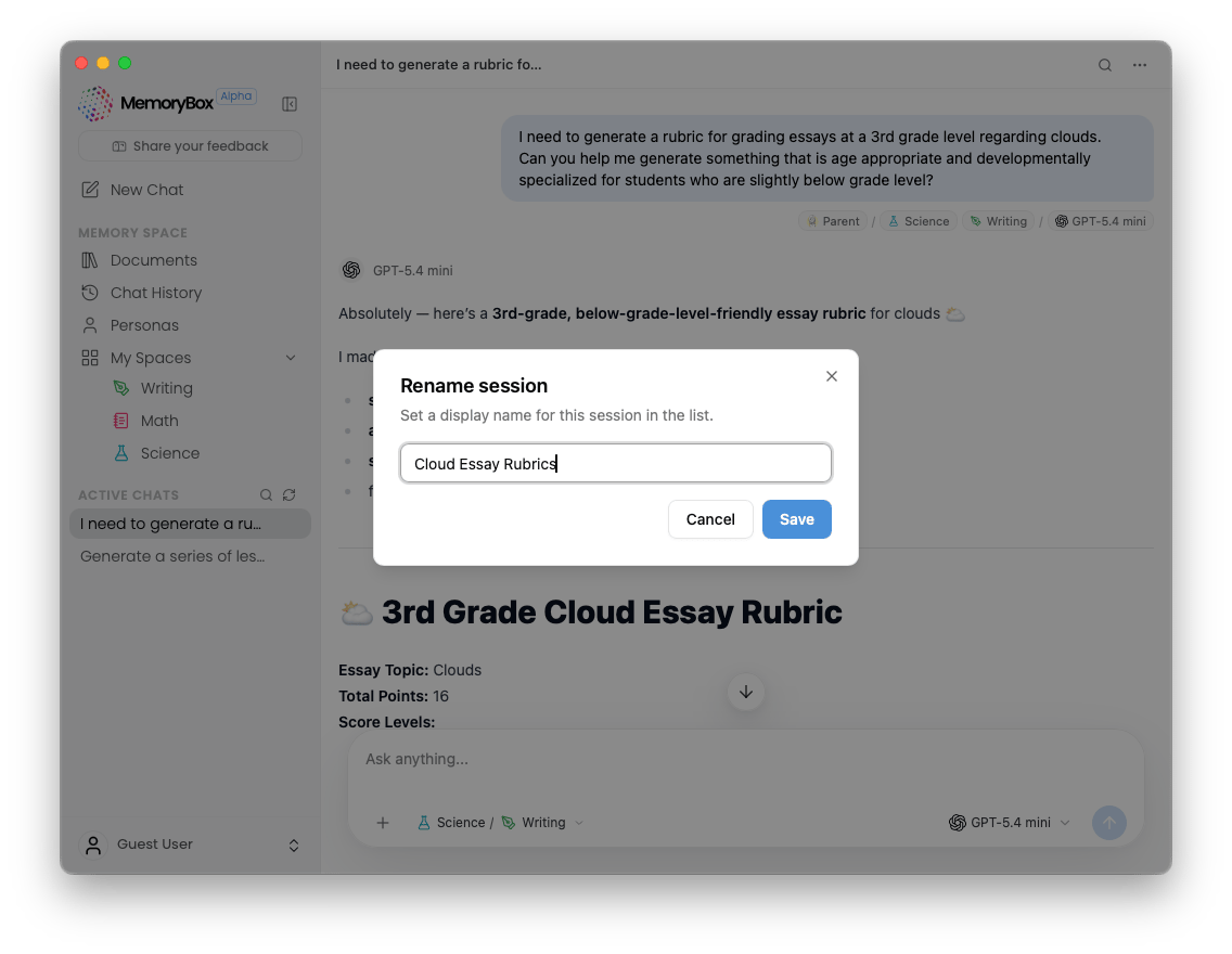 Renaming an active conversation session thread modal window