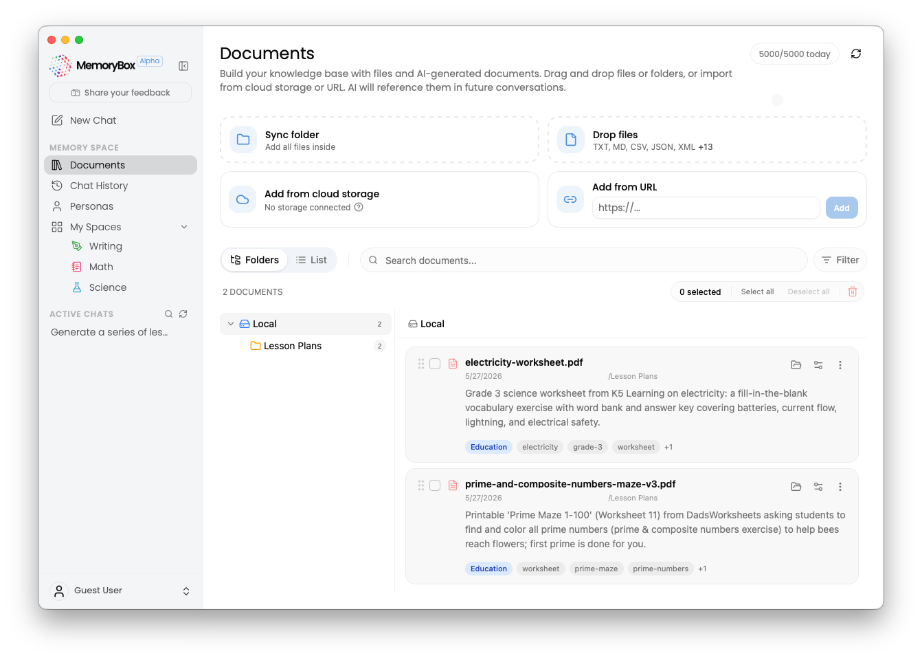 Default empty state view of the documents tab