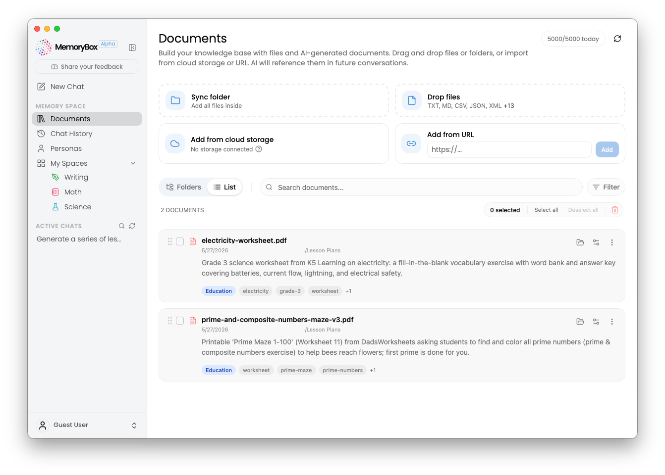 Tabular list view of available document assets