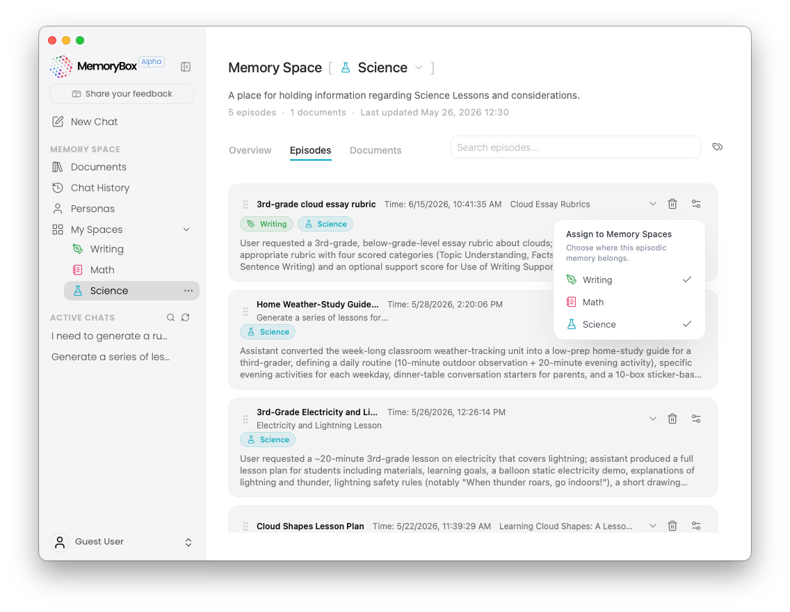 Assigning episodes to target memory space tags via popover