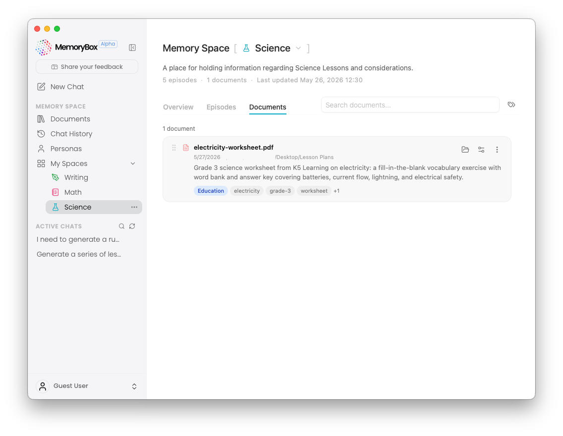 Memory Space Documents list view layout
