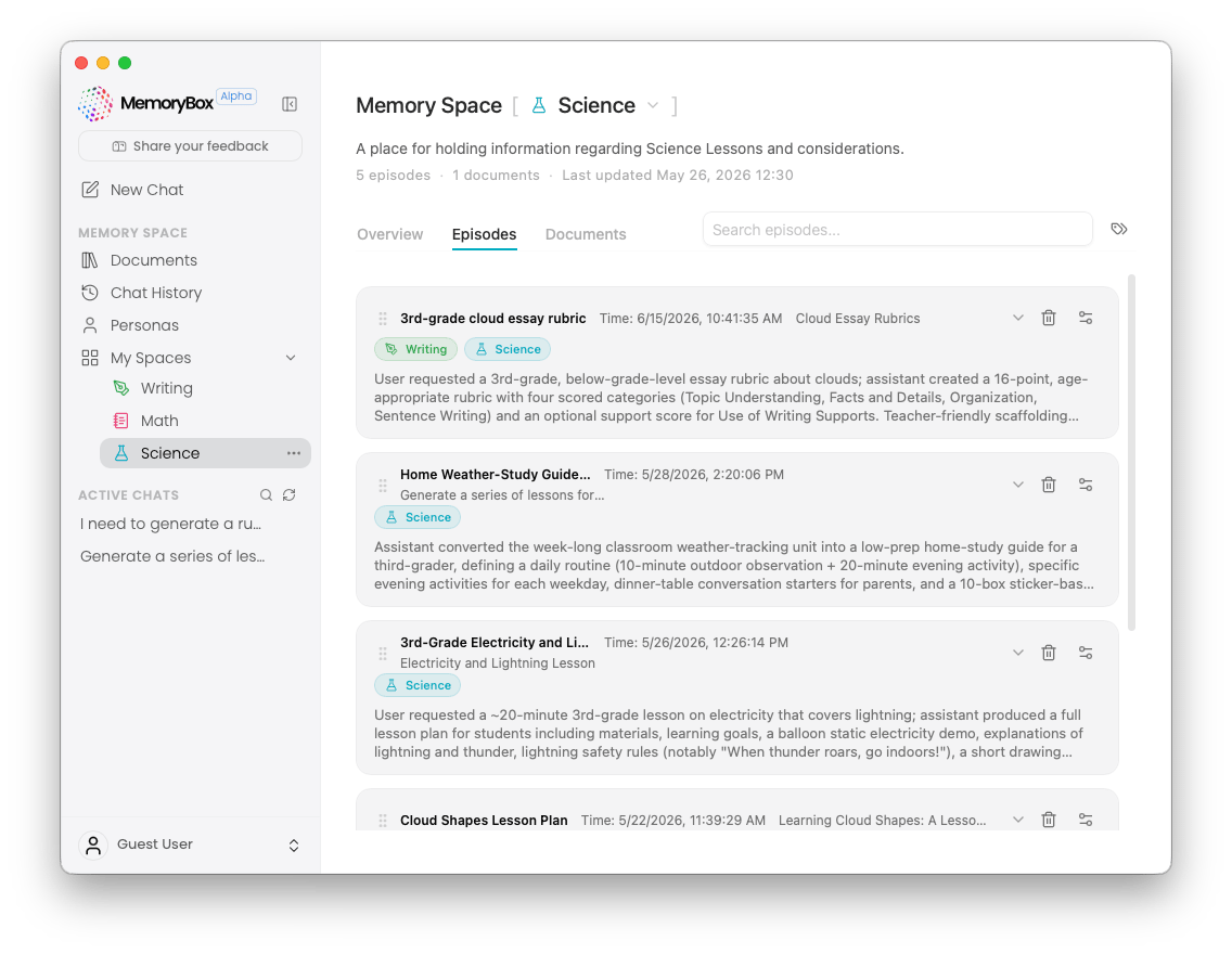 Memory Space Episodes list overview