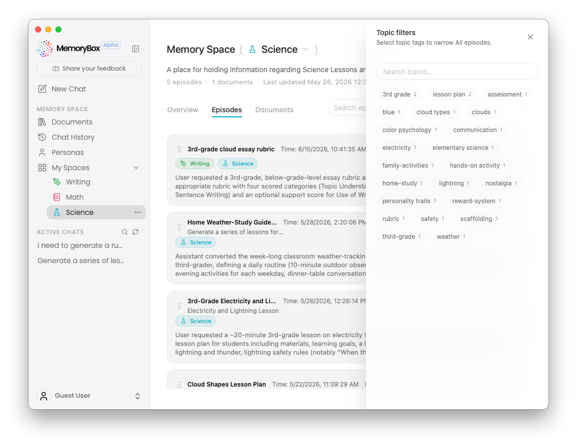 Topic filtering panel overlay