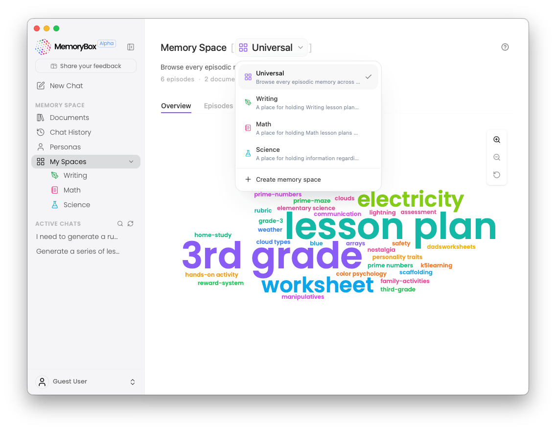 Memory Space dropdown view highlighting workspace options