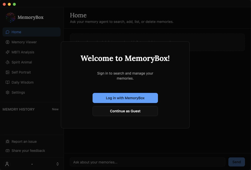 MemoryBox Login Screen