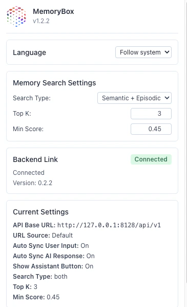Extension showing successful backend connection