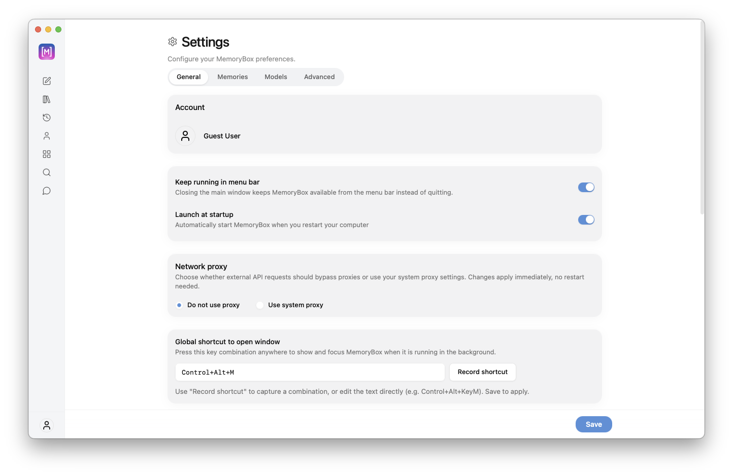 General settings upper dashboard view