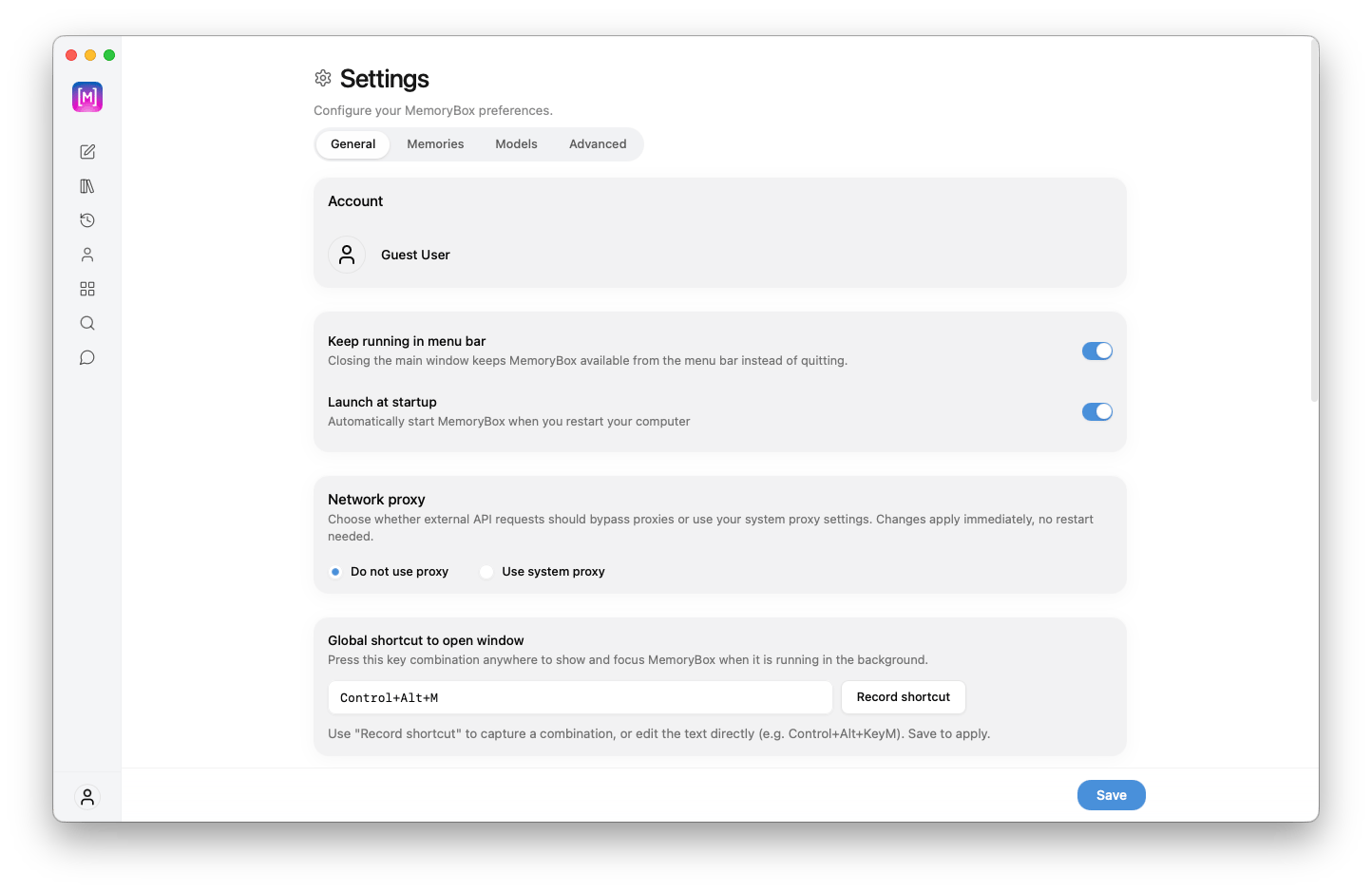 General settings upper dashboard view