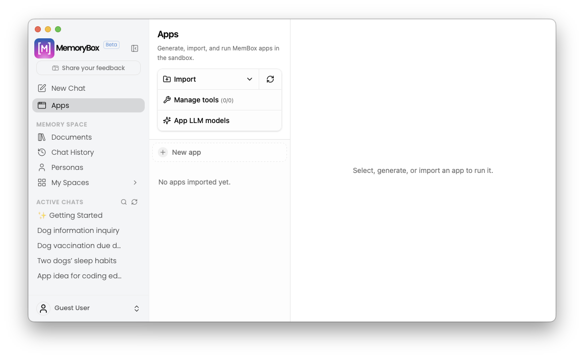 MemoryBox Apps default workspace view