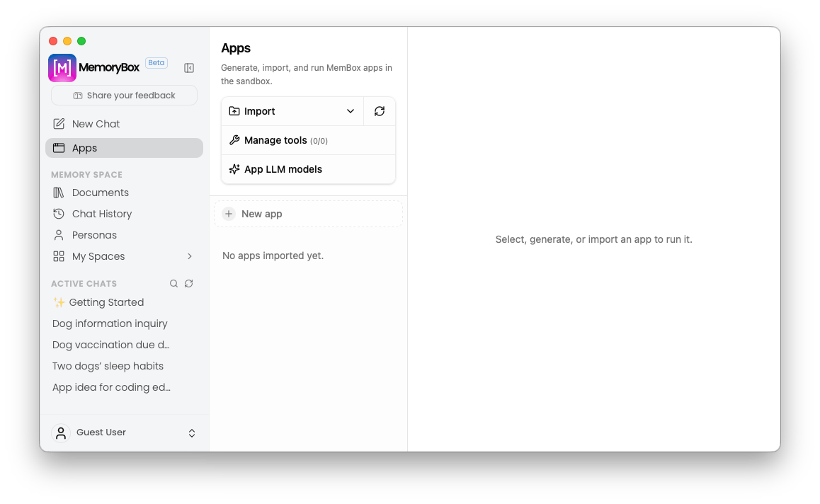 MemoryBox Apps default workspace view
