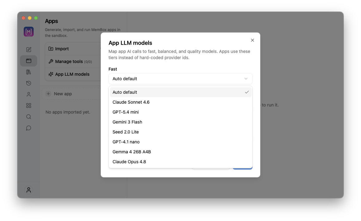 App LLM models configuration modal