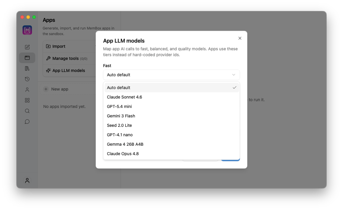 App LLM models configuration modal