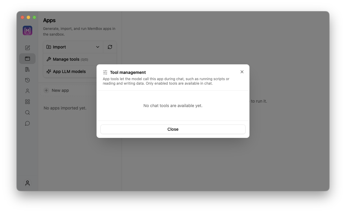 Tool management modal view