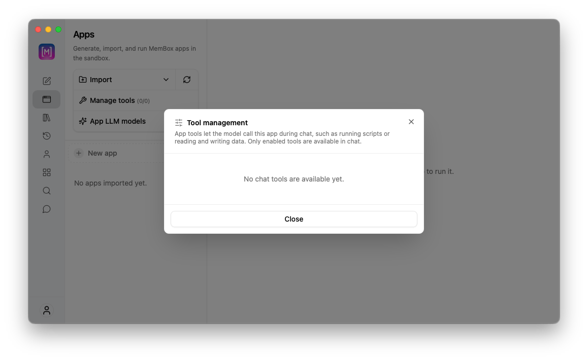 Tool management modal view