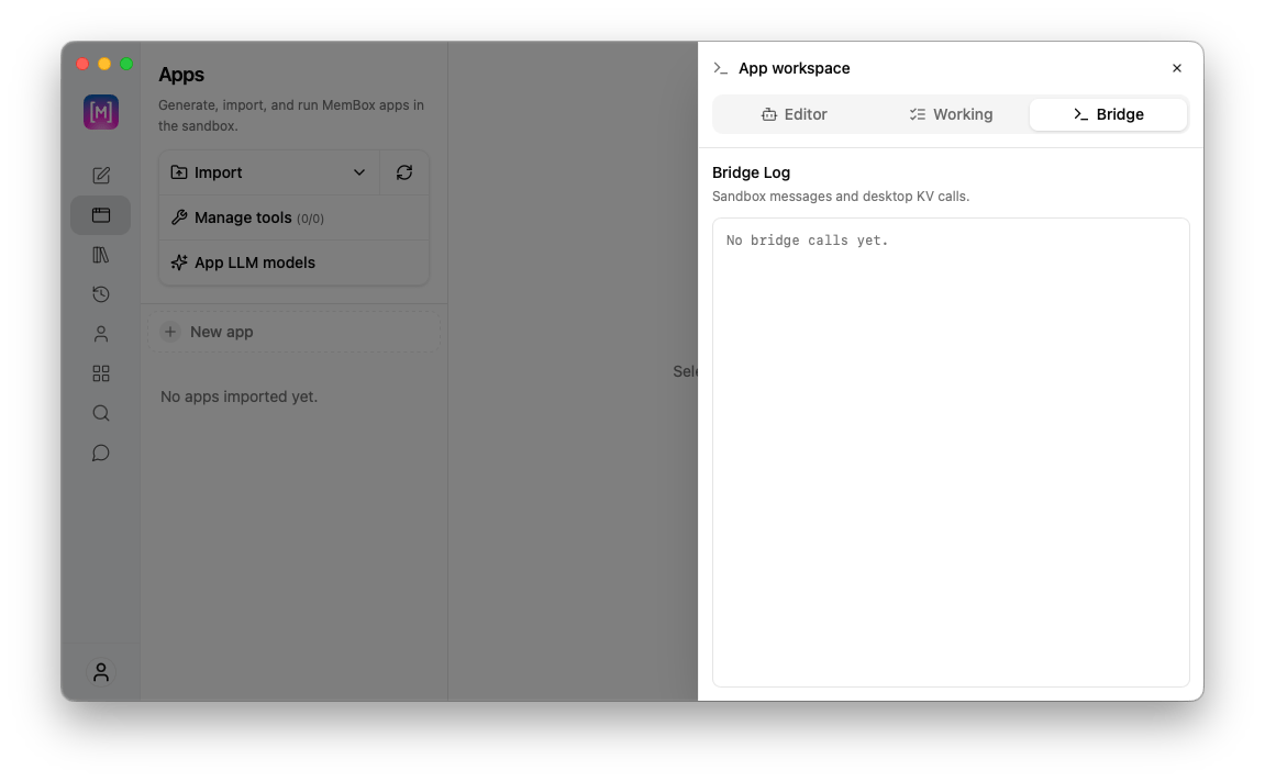 App workspace sandbox bridge log view