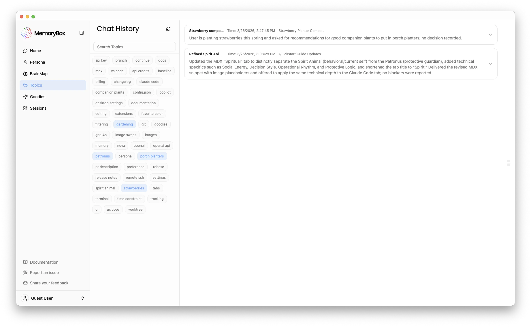 MemoryBox Topics Tag Cloud and Conversation List