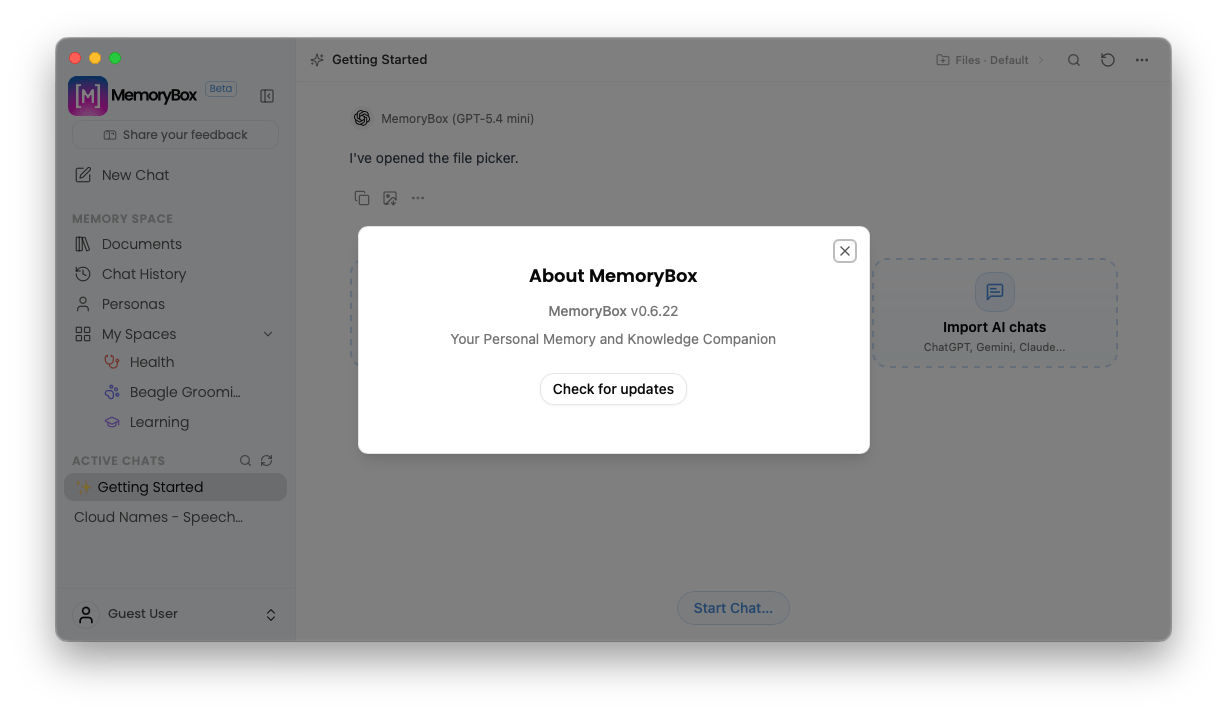 About MemoryBox system version modal view