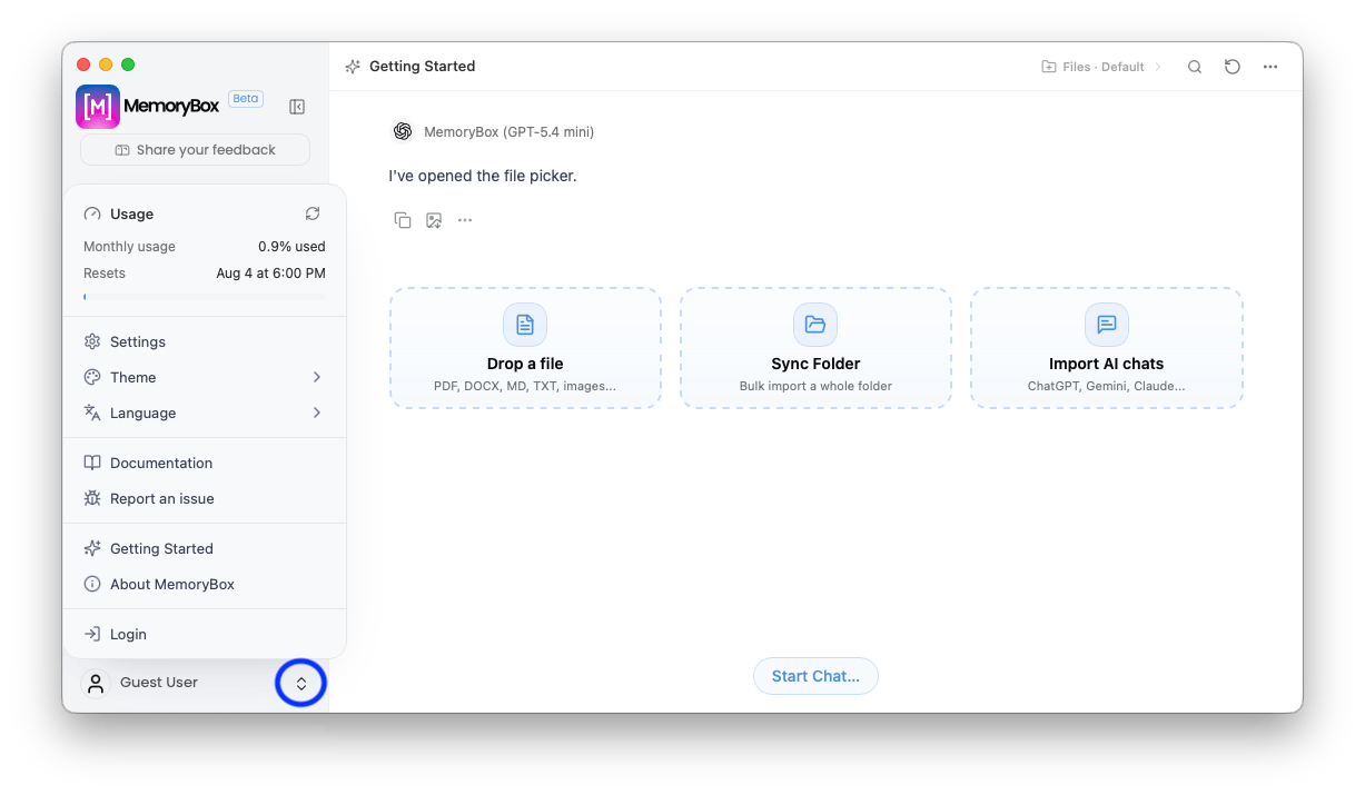 MemoryBox desktop profile preferences menu