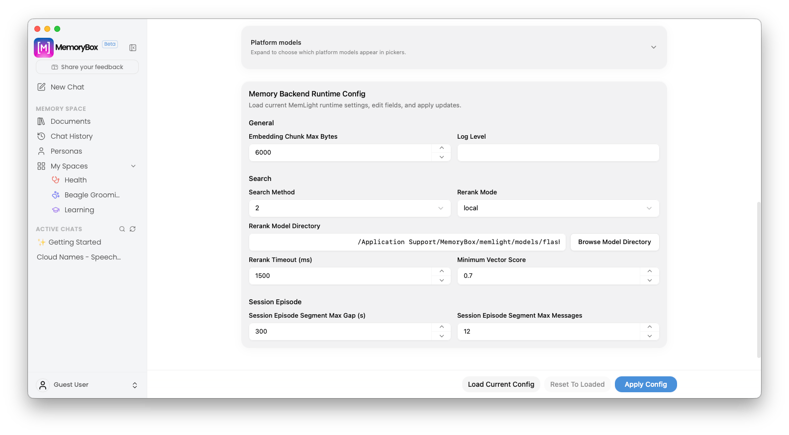 Memory backend vector and segmentation config view