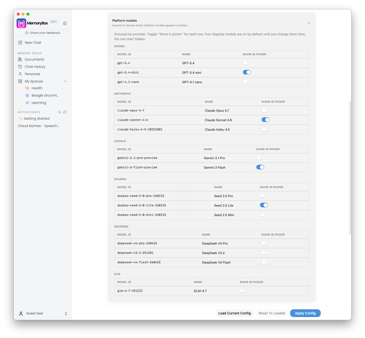 Expanded platform model visibility toggle grid