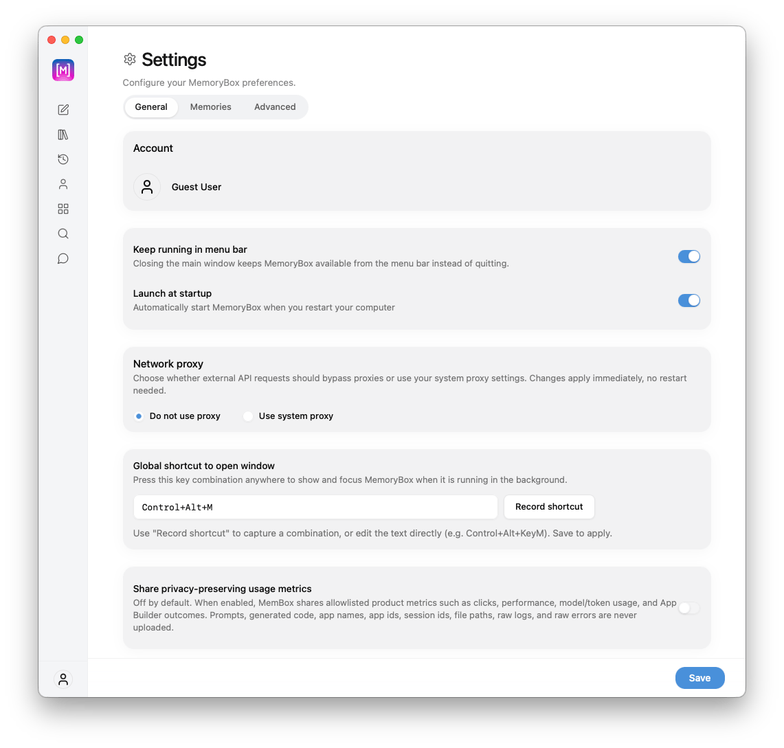 General settings upper dashboard view