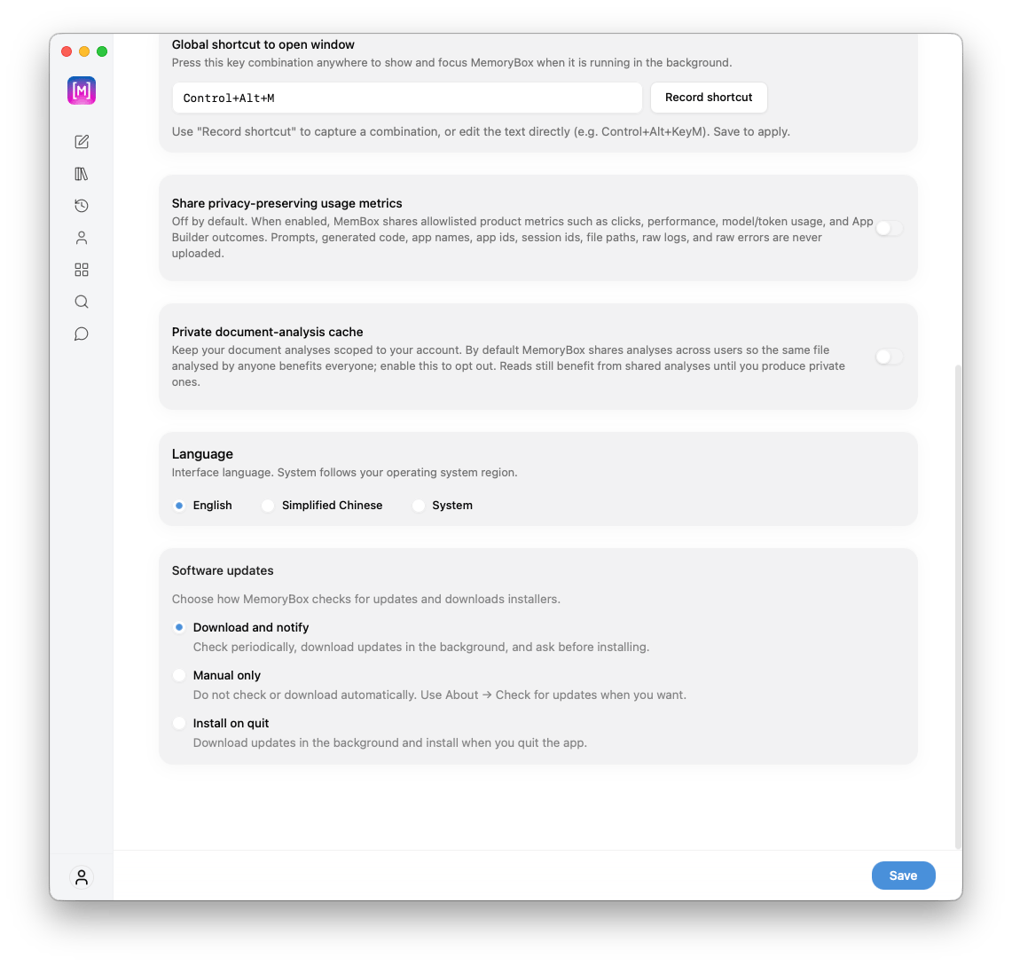 General settings lower scrolled view