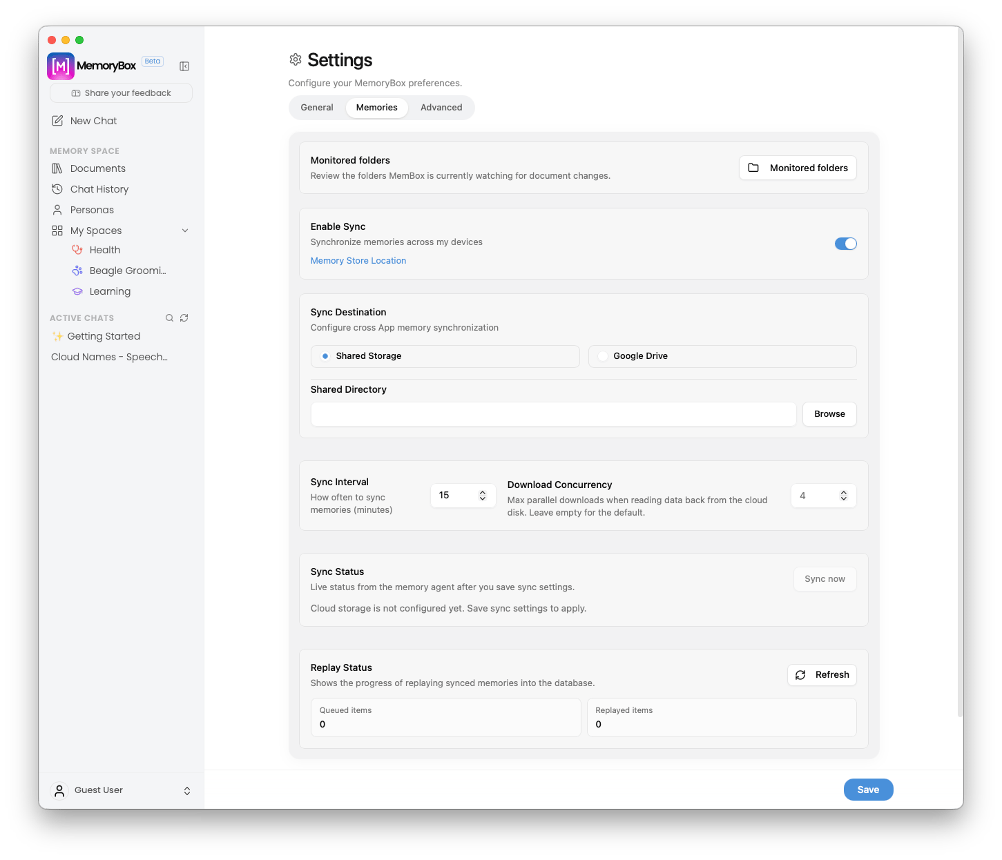 Expanded memory sync configuration options panel