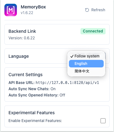 Extension language selection dropdown