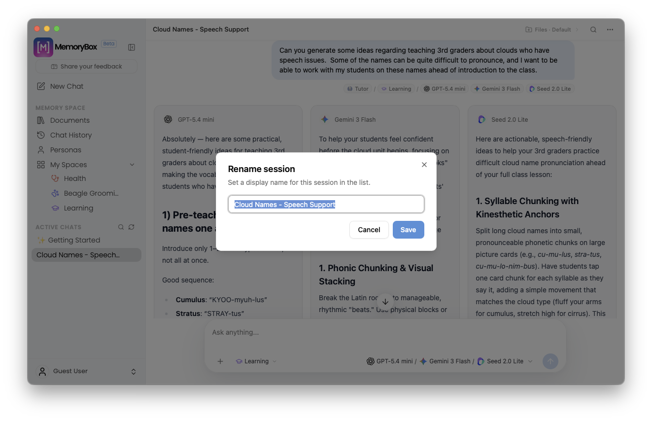 Renaming an active conversation session thread modal window