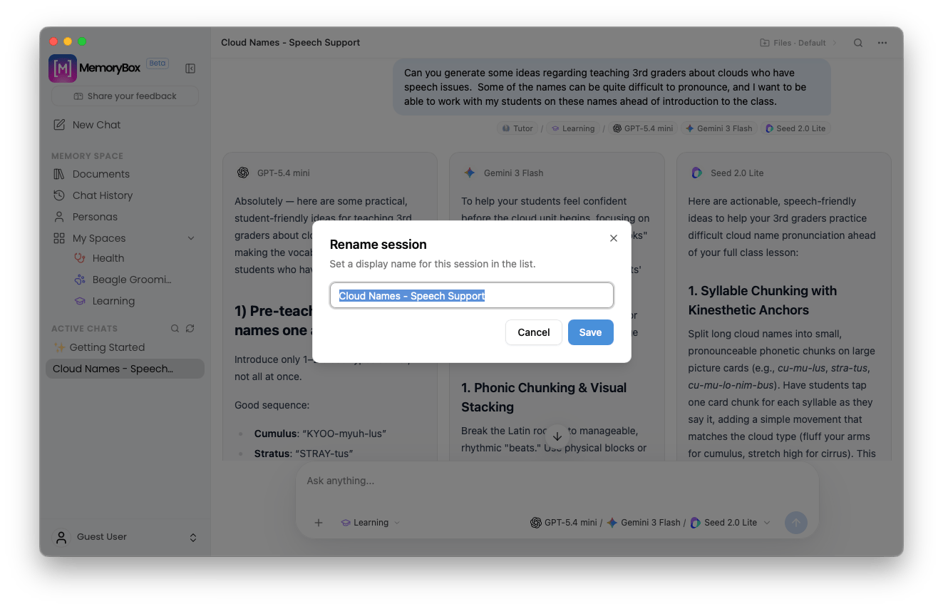 Renaming an active conversation session thread modal window