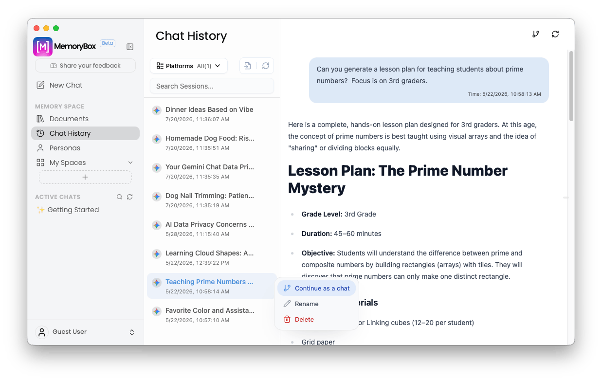 Inline contextual option triggers for past chat threads