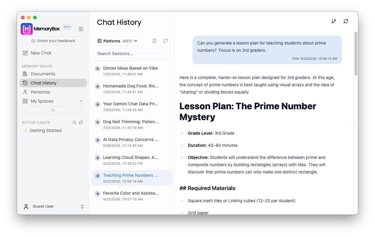MemoryBox Chat History interface window