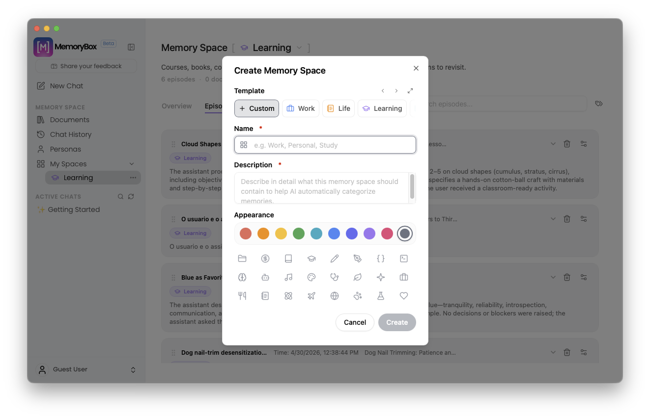 Create Memory Space utility window configuration overlay