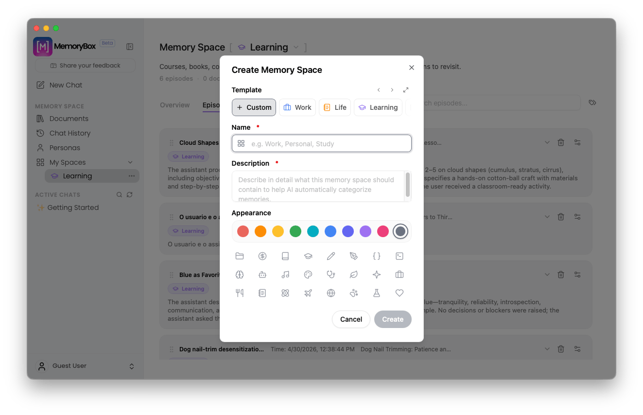 Create Memory Space utility window configuration overlay