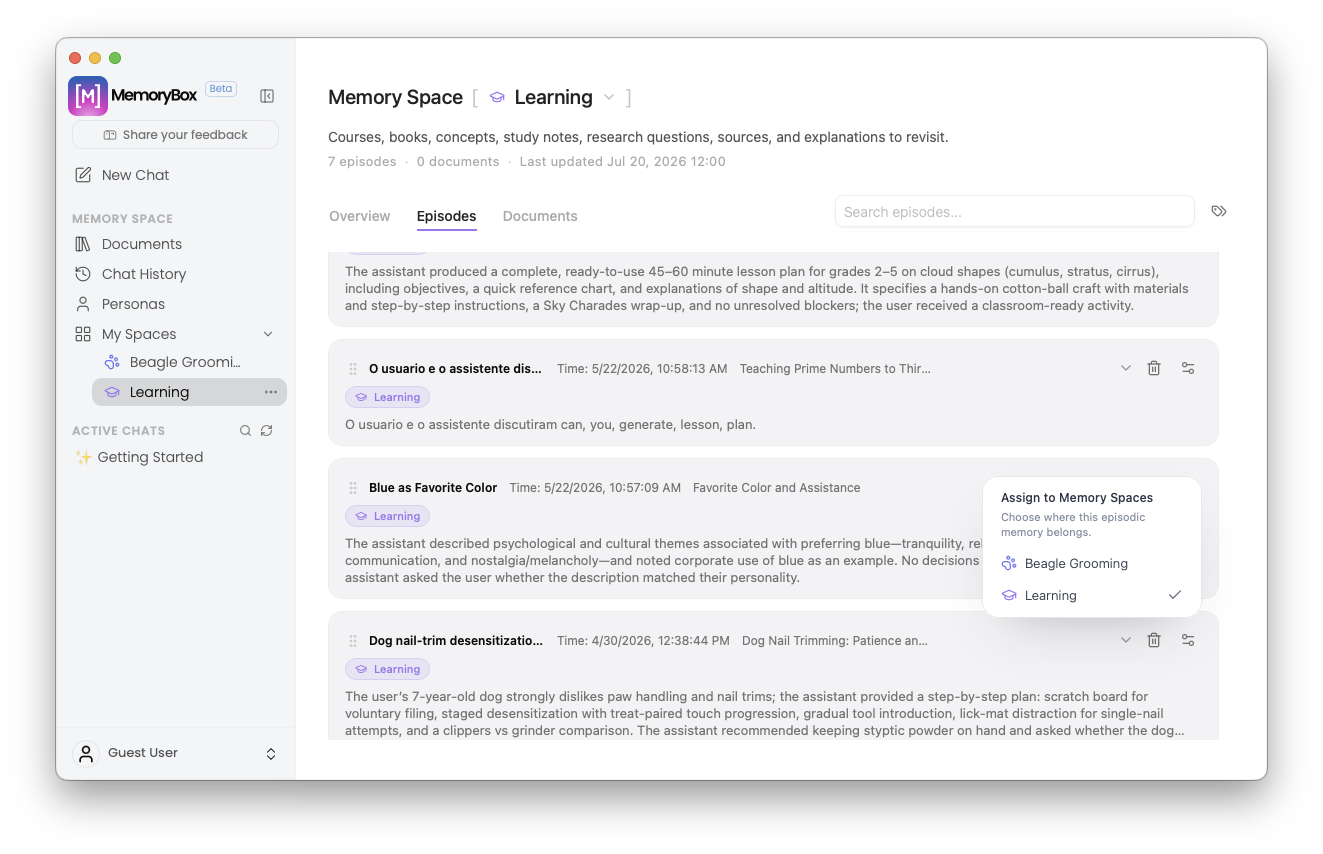 Assigning workspace items to target memory space containers